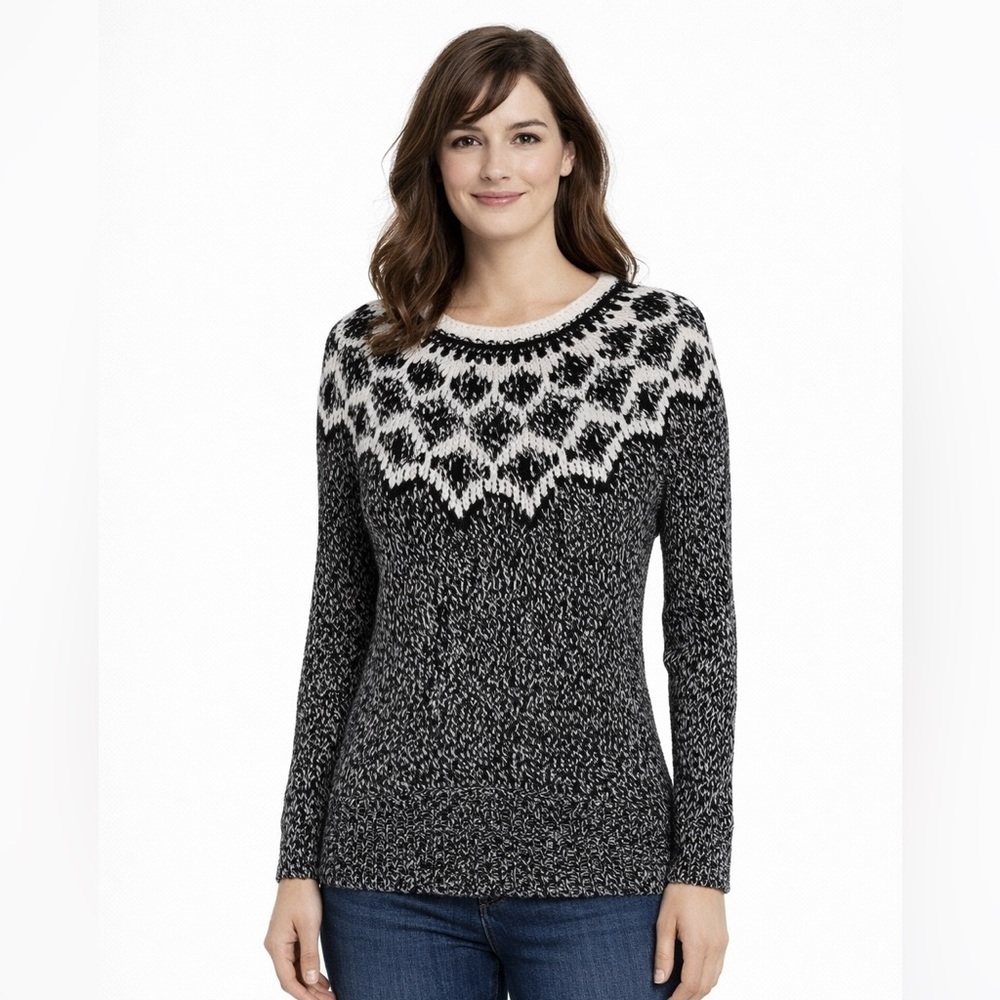 Bass Fair Isle Sweater Nordic Cozy Cabin Knit Black White Winter XS